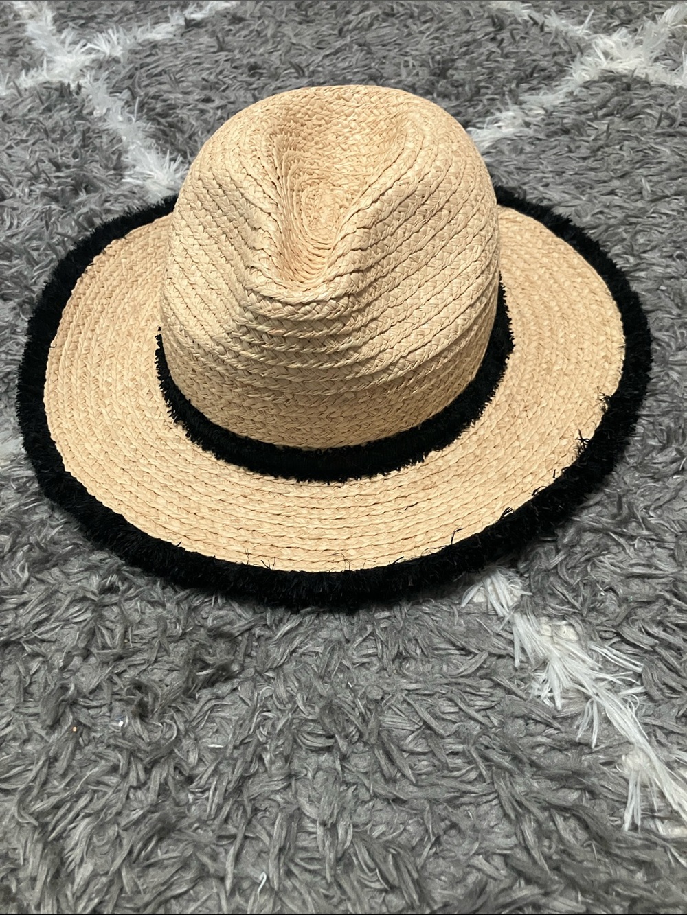 Natural Straw Fedora Hat with Black Trim